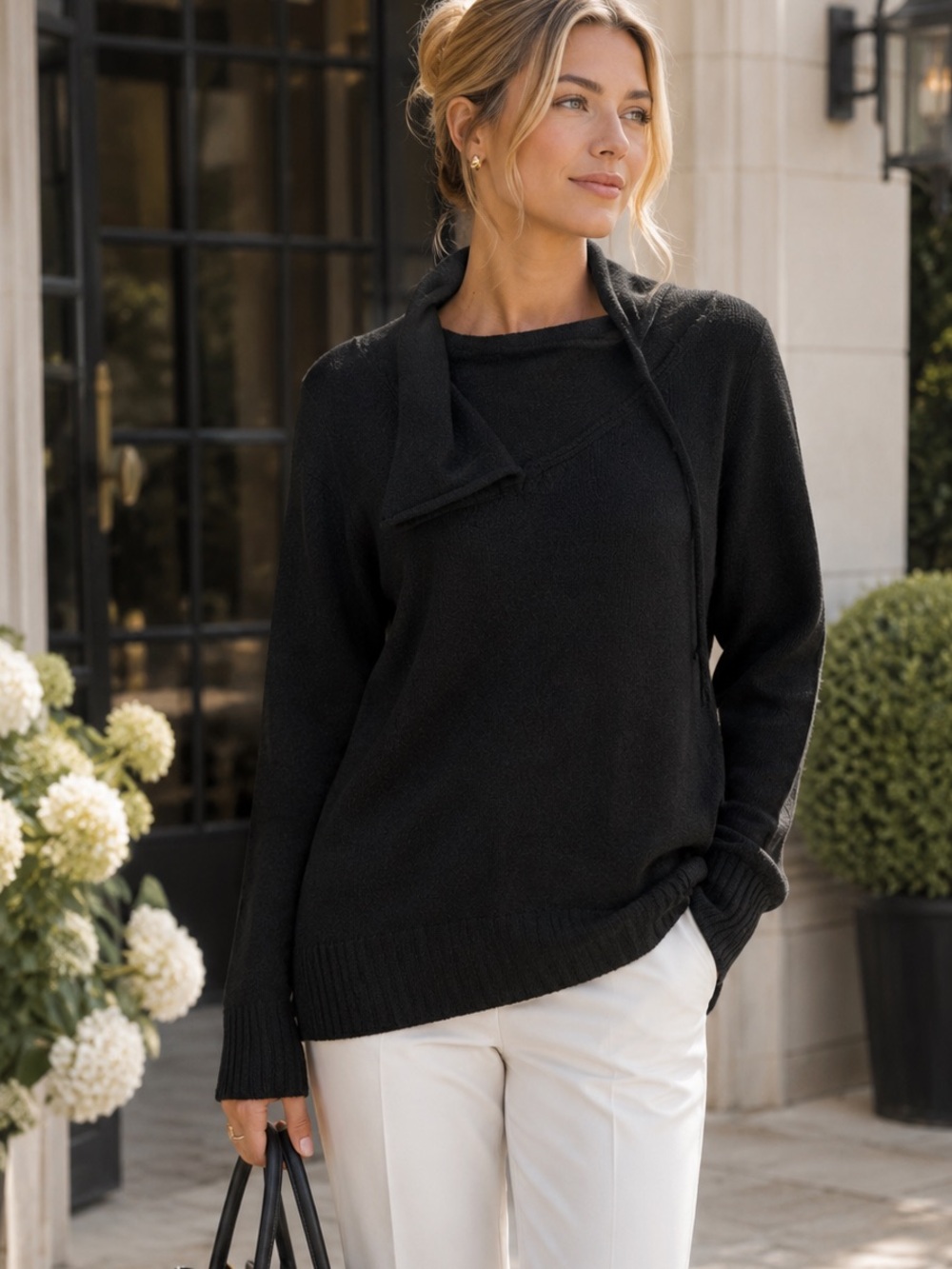 NWT PHILOSOPHY Quiet Luxury Minimalist Black Crossover Neck Boucle Sweater, XS